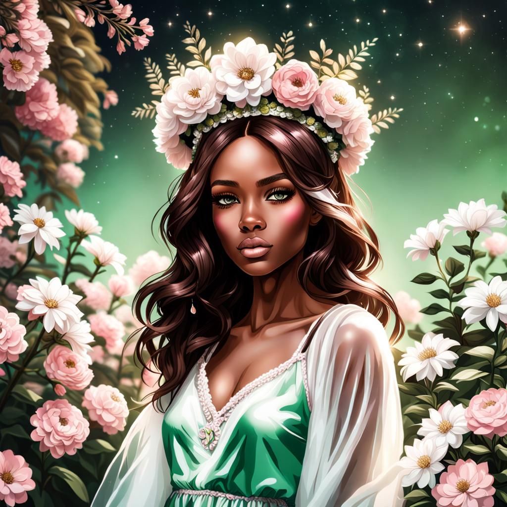 Ethereal African-American Model with Flower Crown