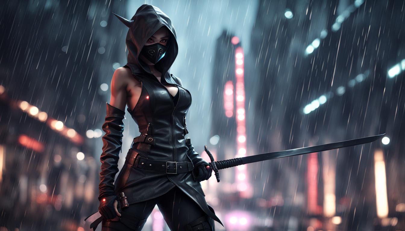 Anime Assassin in Rain-soaked Cyberpunk City