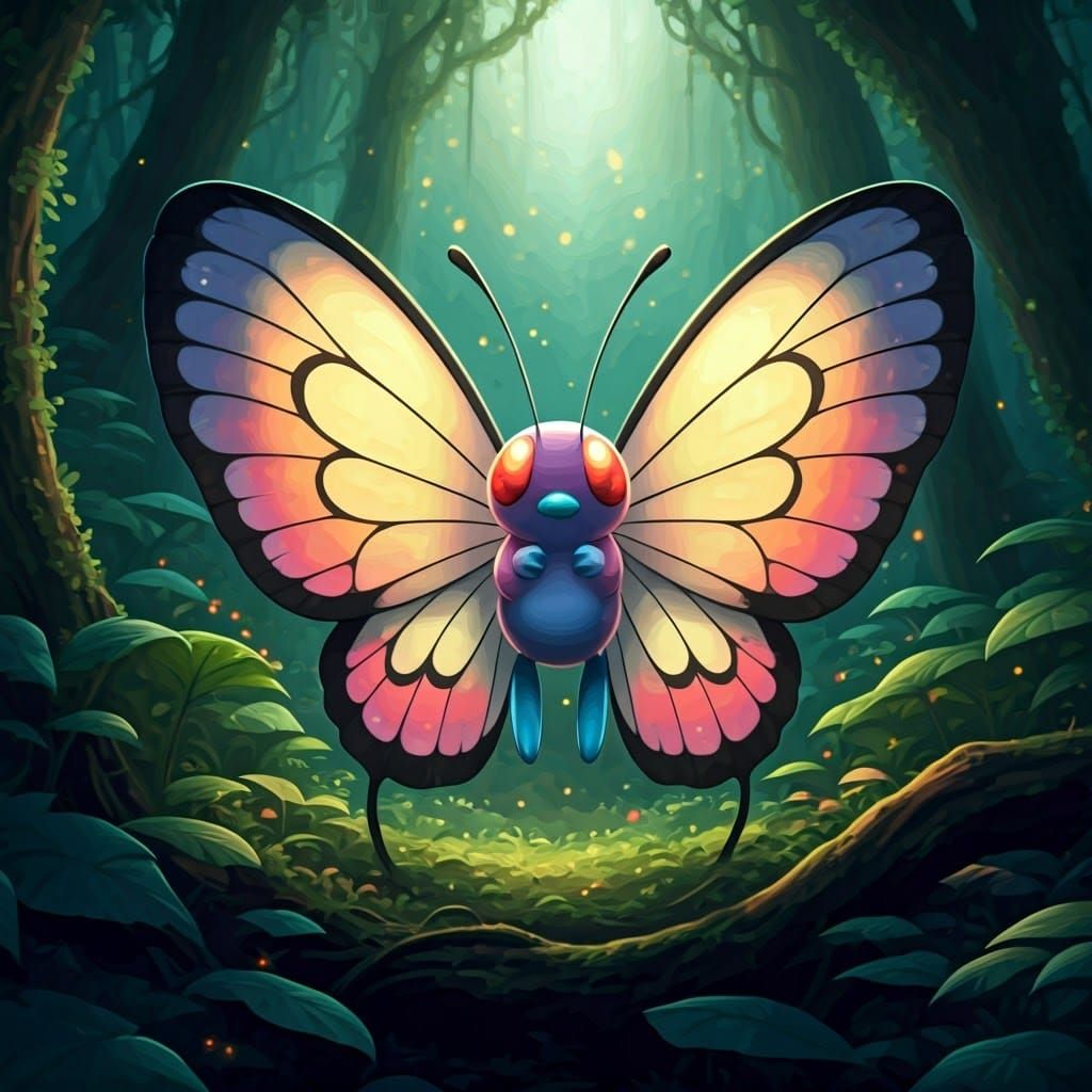 Iridescent Butterfree in Mystical Glowing Forest