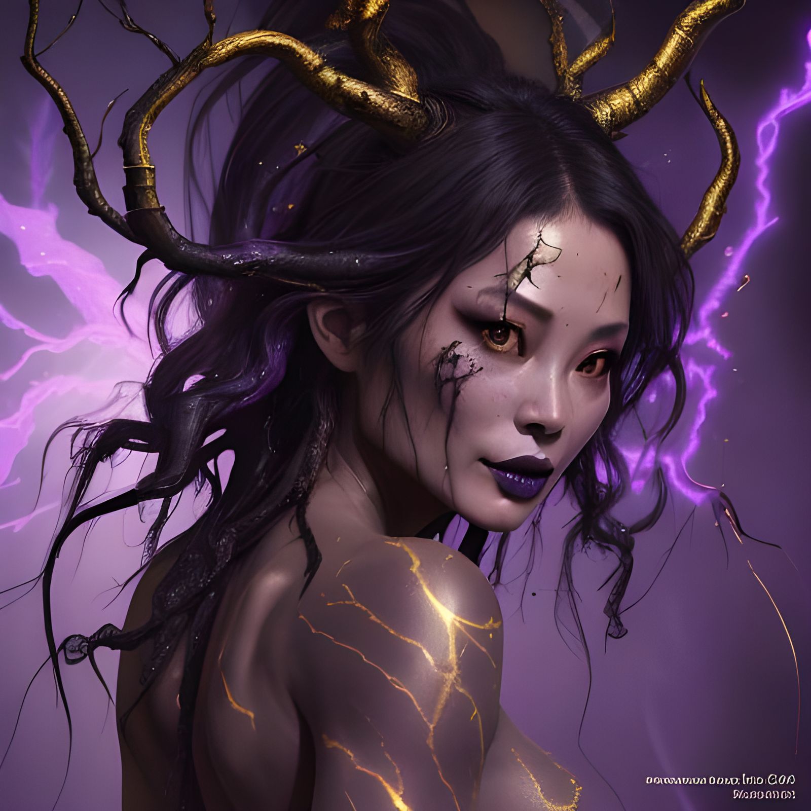 Hyperrealistic Dark Dryad with Golden Cracks