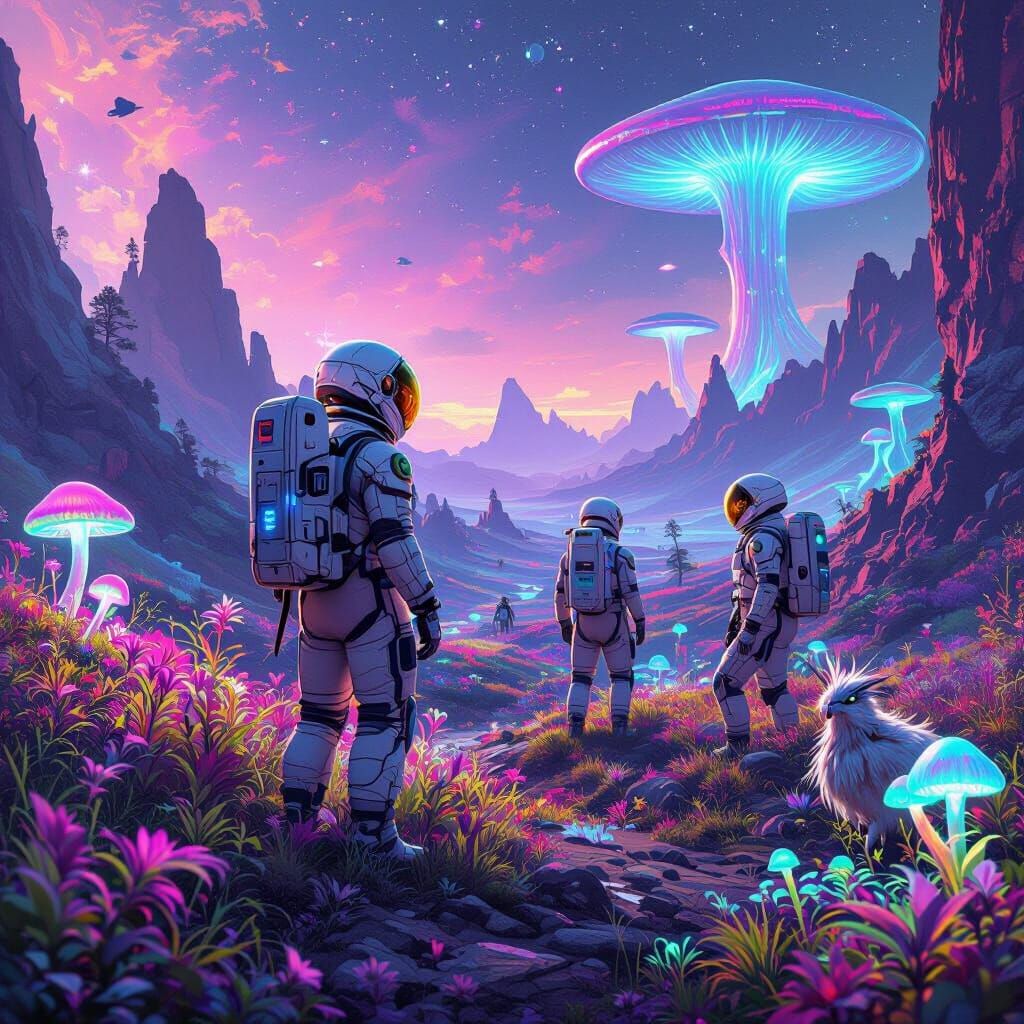 Astronauts Explore Alien Planet with Glowing Flora