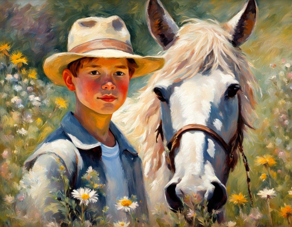 Impressionist Painting of Boy and Silver Horse in Meadow