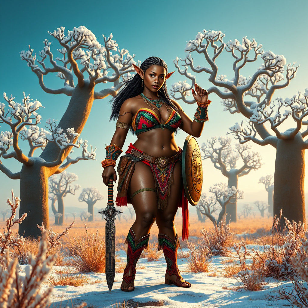 Snowy Savannah Elf Warrior in Fantasy Art Style
