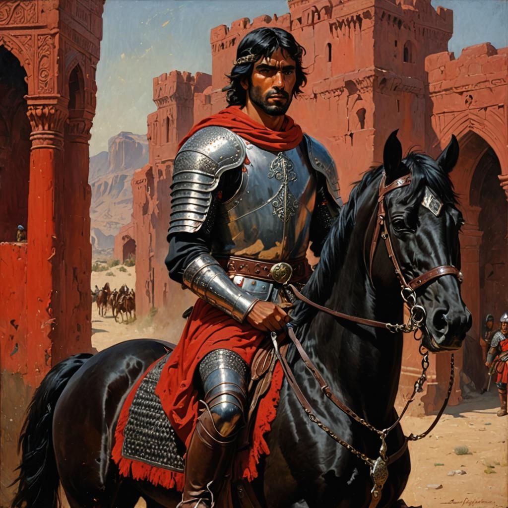 Muscular Arabian Warrior with Black Horse, Oil Painting