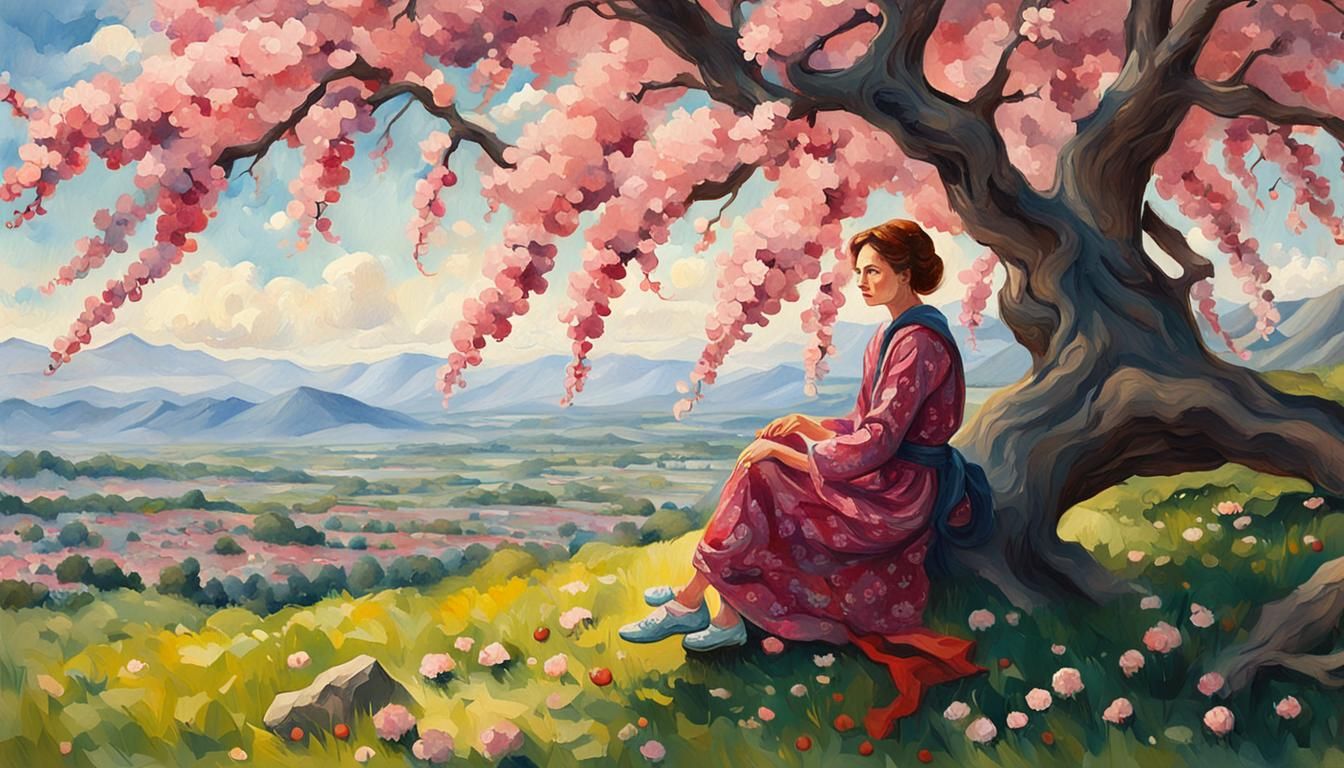 Woman in Cherry Tree: Gouache Impressionist Landscape