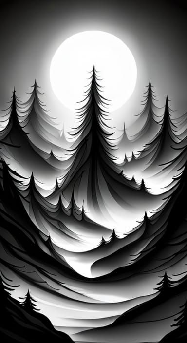 Dark Misty Forest with White Shadows, Fantasy Art