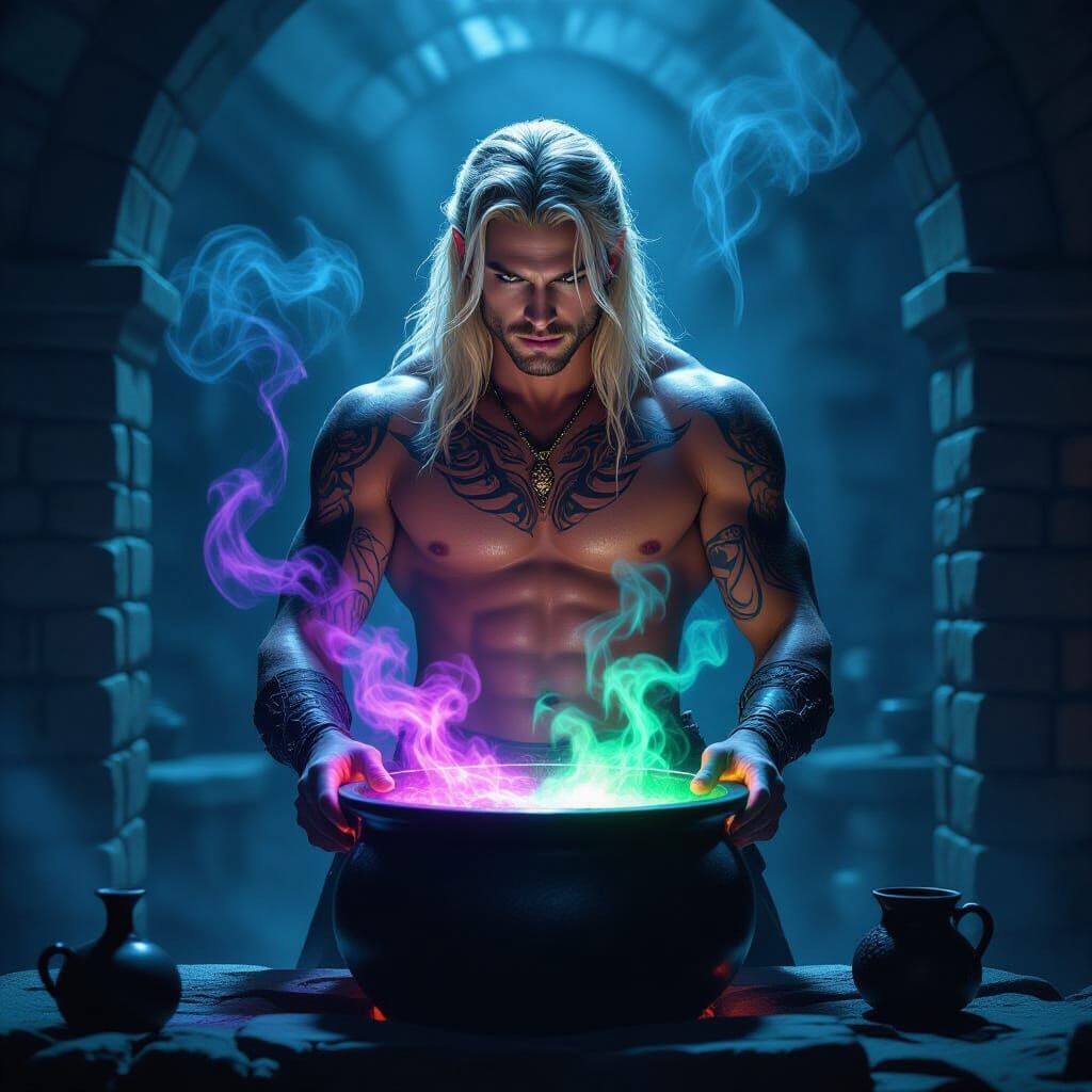 Dark Fantasy Witch Brews Glowing Potion in Stone Room