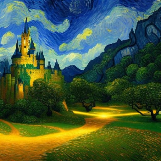 Hyrule Castle Under Starry Night Sky in Van Gogh Style