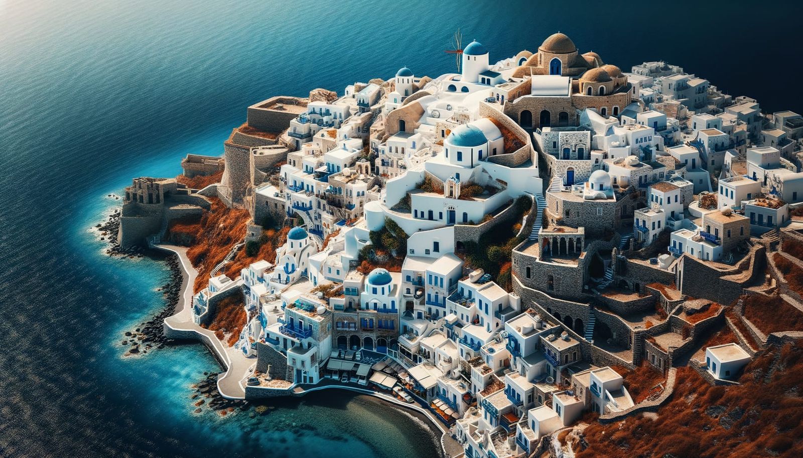 Greek Town on Aegean Sea with Fortress Ruins