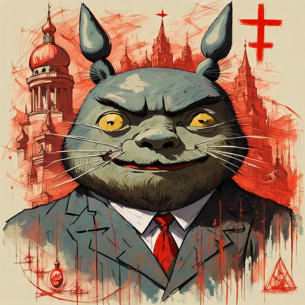 Terrifying Totoro-Lenin Hybrid in Horror Art Style