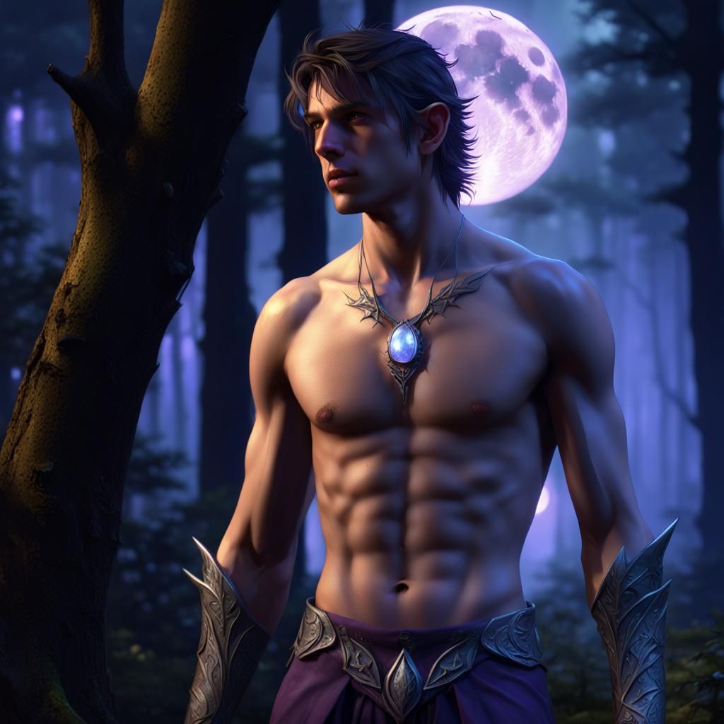 Moonlit Elf in Forest, Hyperdetailed Dark Fantasy