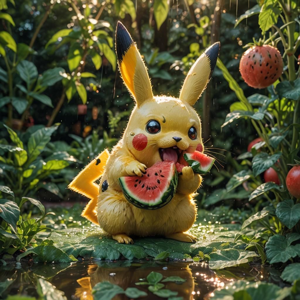 Pikachu's Watermelon Feast: Hyperrealistic Summer Portrait