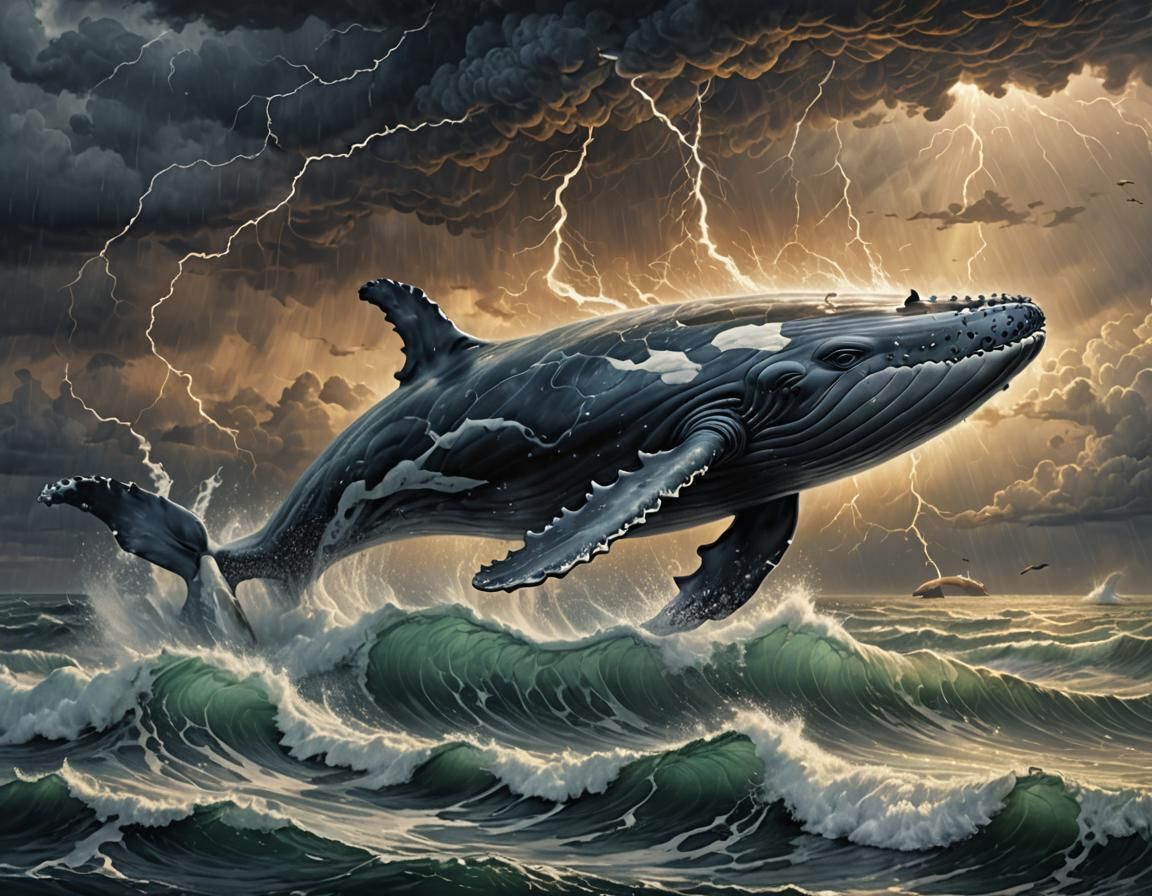 Whale Leaps from Stormy Waves: Airbrush Art