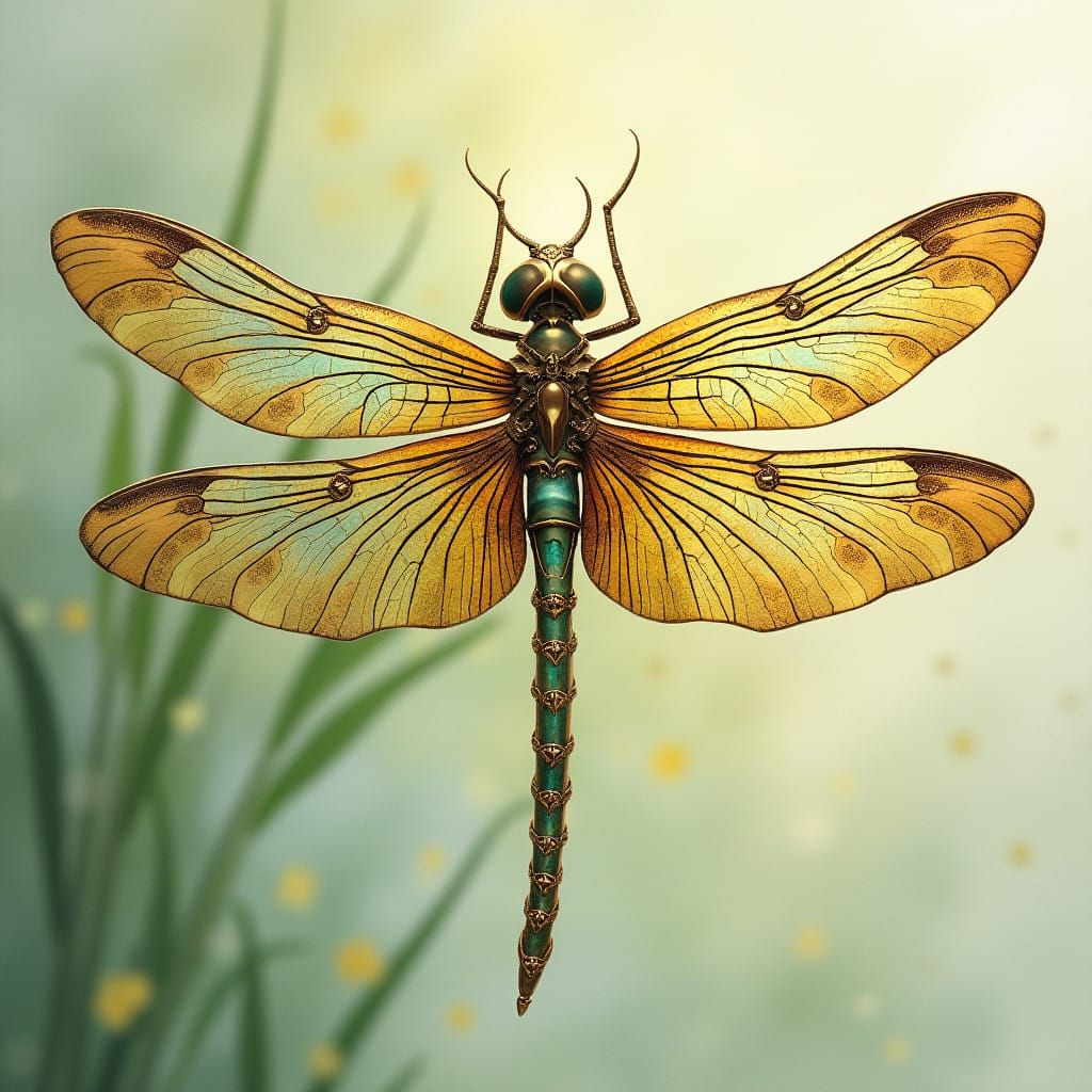Whimsical Golden Dragonfly with Emerald and Sapphire Wings