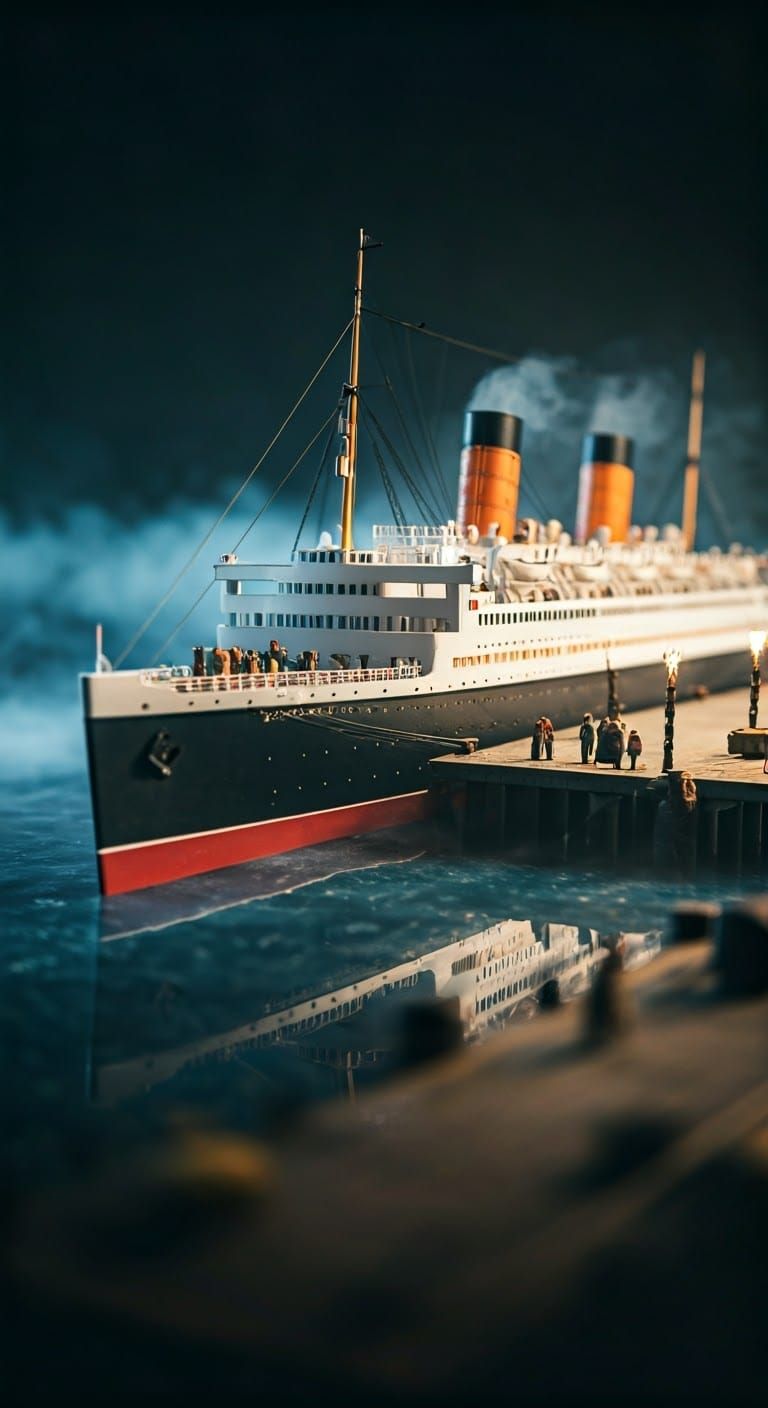 Miniature Ocean Liner Dock in Fog, Cinematic Lighting