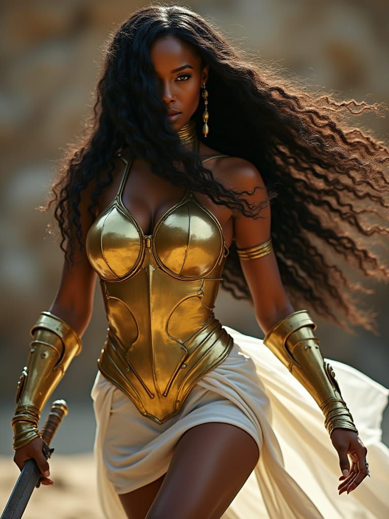 Fearless Black Warrior Goddess in Gold Armor