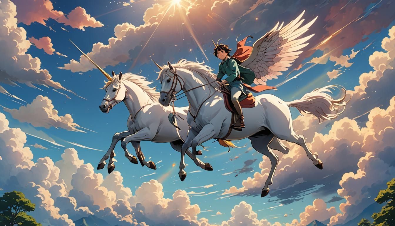 Unicorn in Anime Sky, Studio Ghibli Style