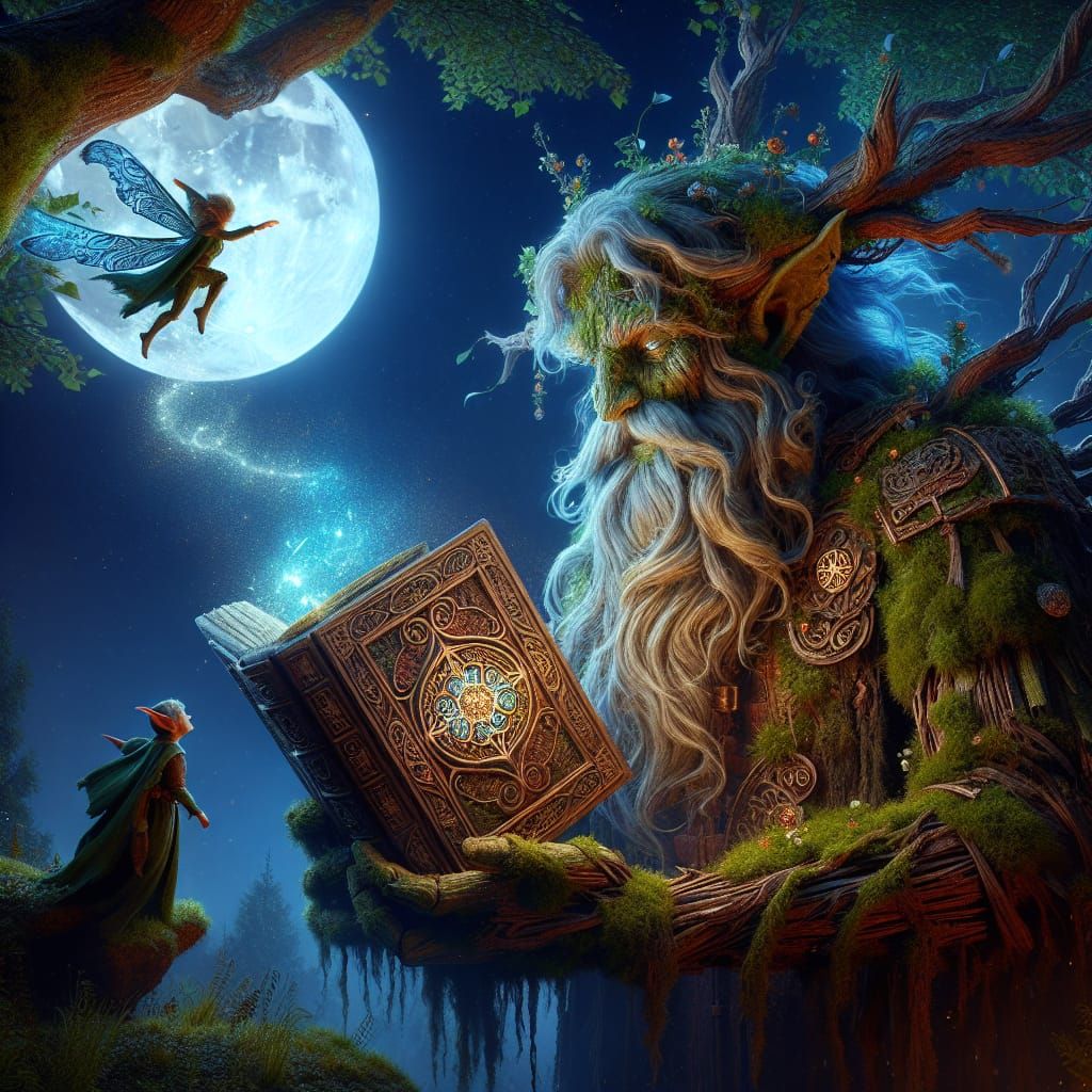 Sylvan Wizard Leans Against Majestic Tree Under Full Moon
