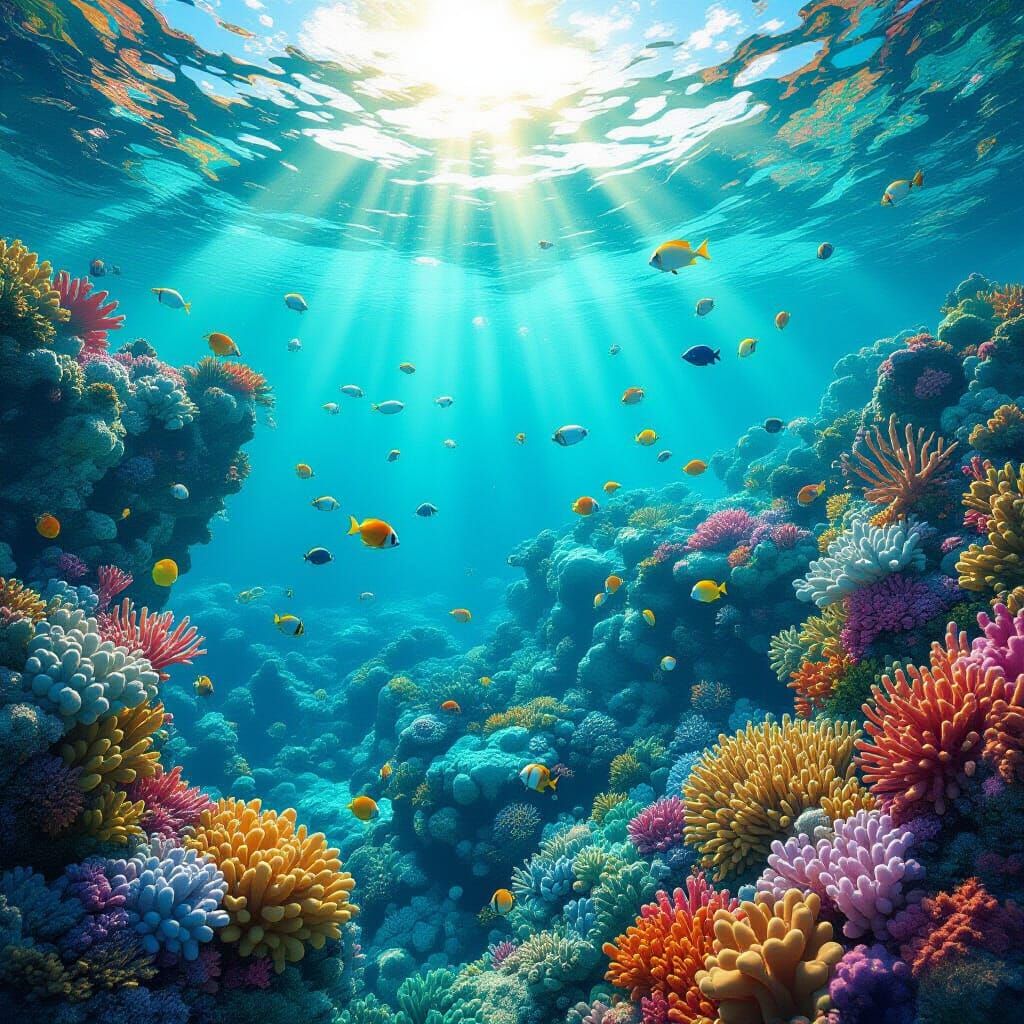 Vibrant Coral Reef With Colorful Fish and Sunlight