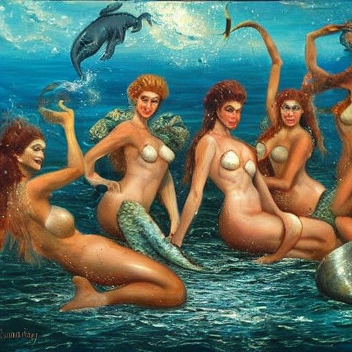Mermaid Cats Robbing Pearl Diver in Oil Painting