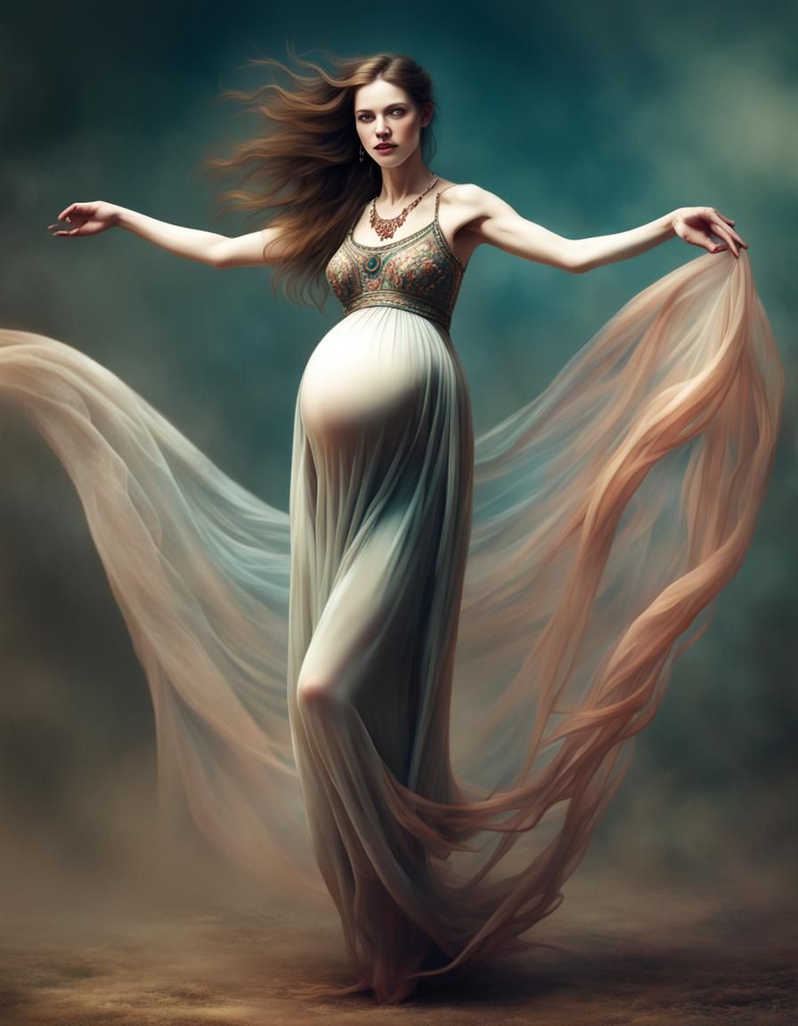 Joyful Pregnant Woman Dancing in Fantasy Art