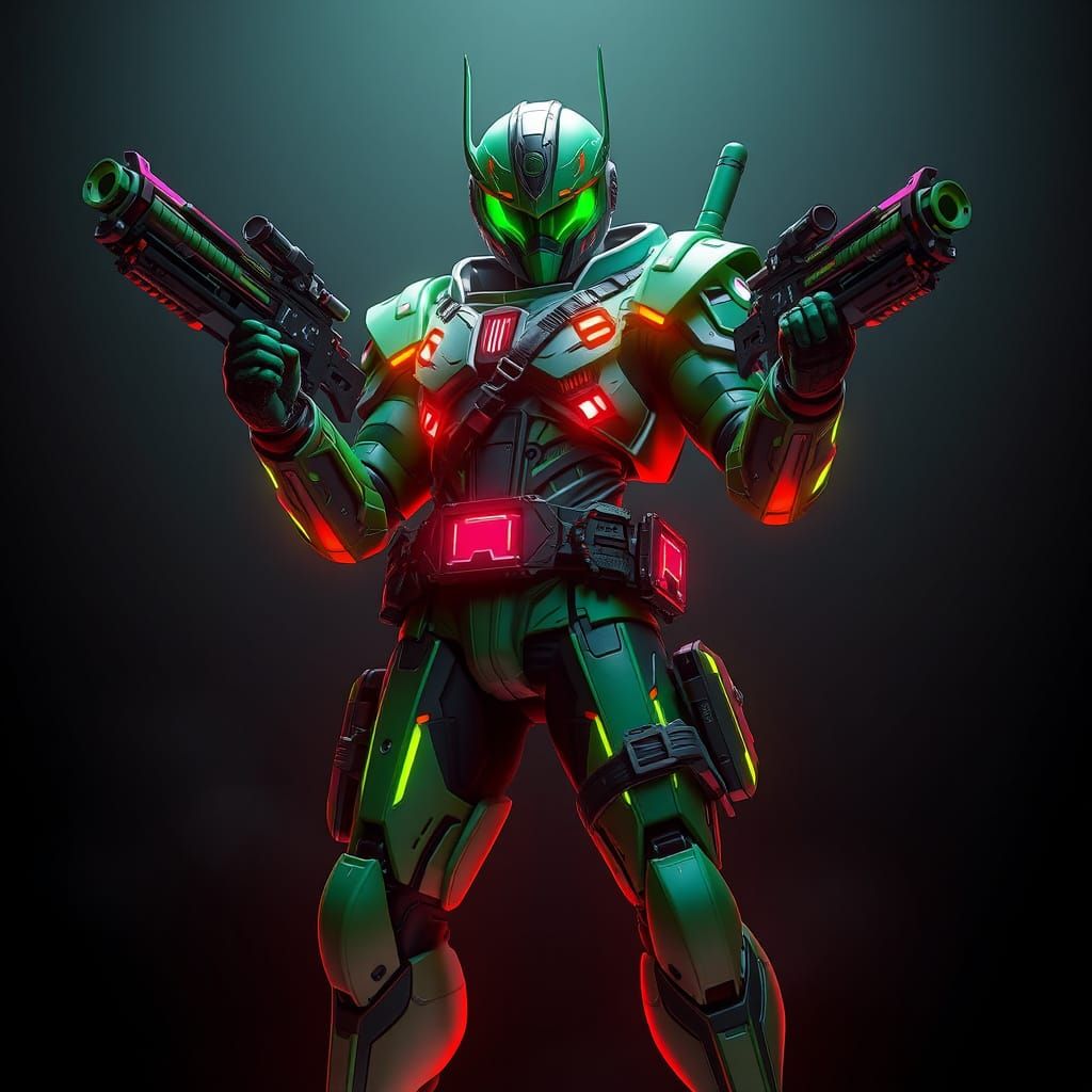 Cyberpunk Warrior in Neon Armor, Standing Heroically with Gu...