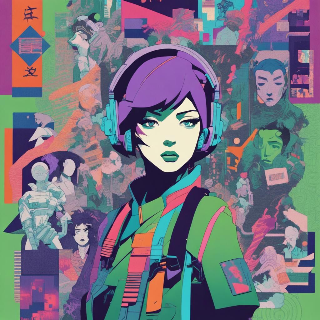 Anime Cyberpunk Collage with Kanji in Risograph Style