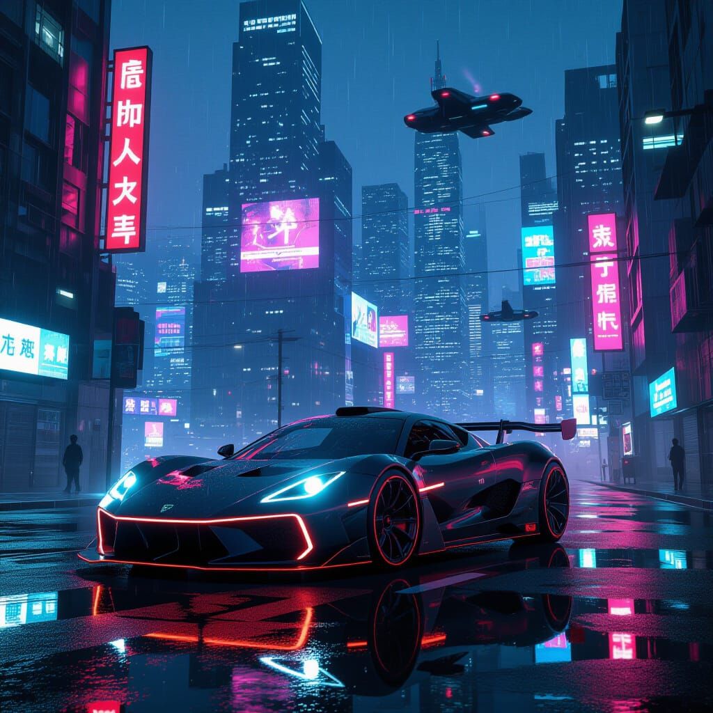 Futuristic Sports Car in Neon Cyberpunk Cityscape