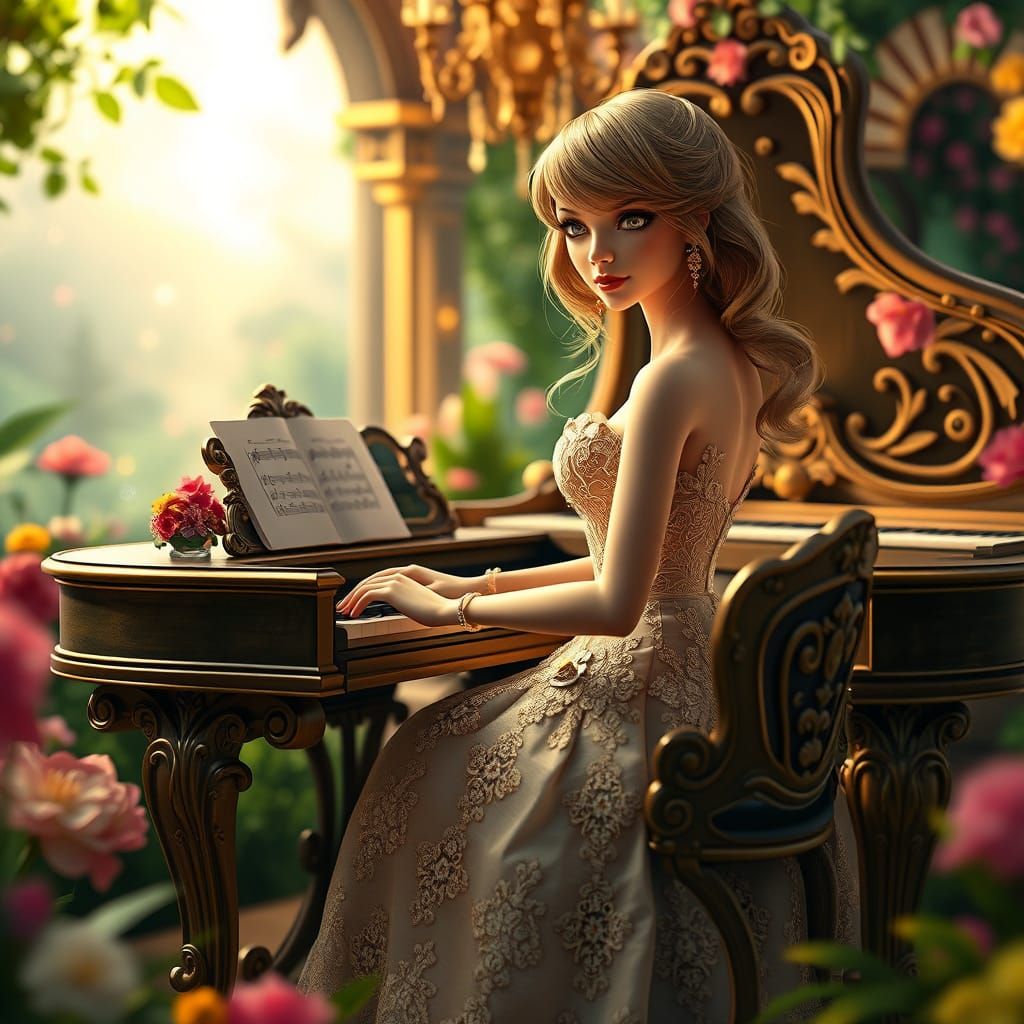 Realistic anime fairytale A beautiful Taylor Swift is a barbie doll playing a  piano at her house. Fantasy art doll scap...