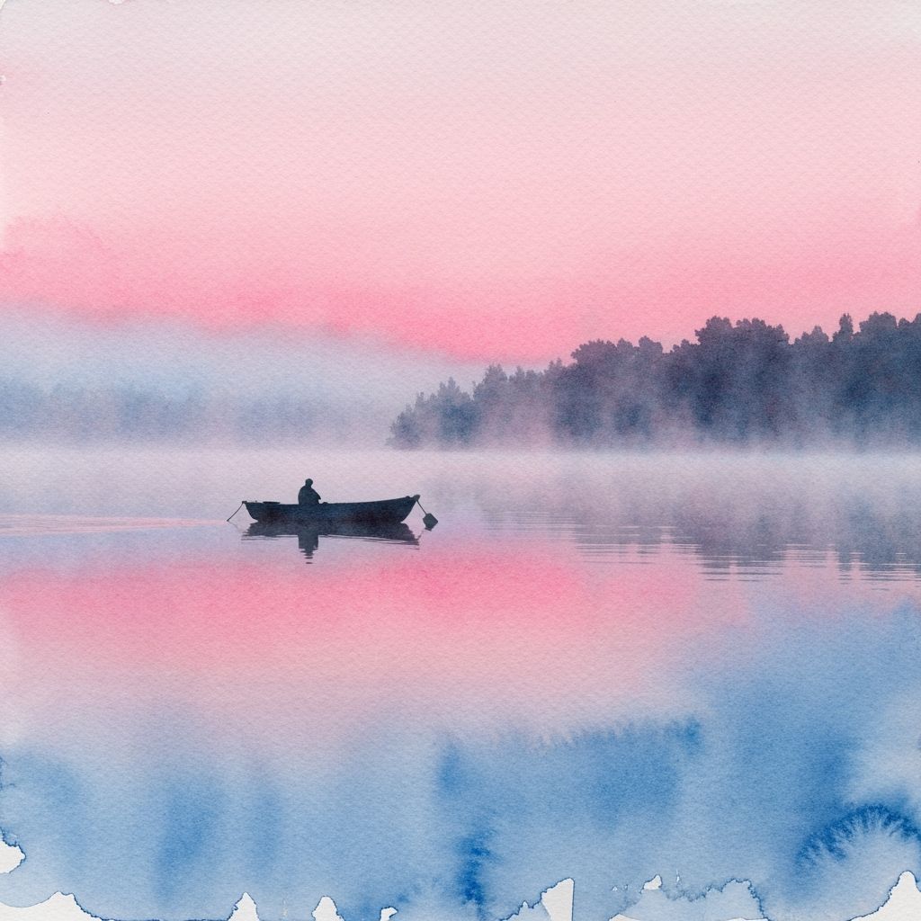 Serene Lake at Dawn Mist Watercolor Painting