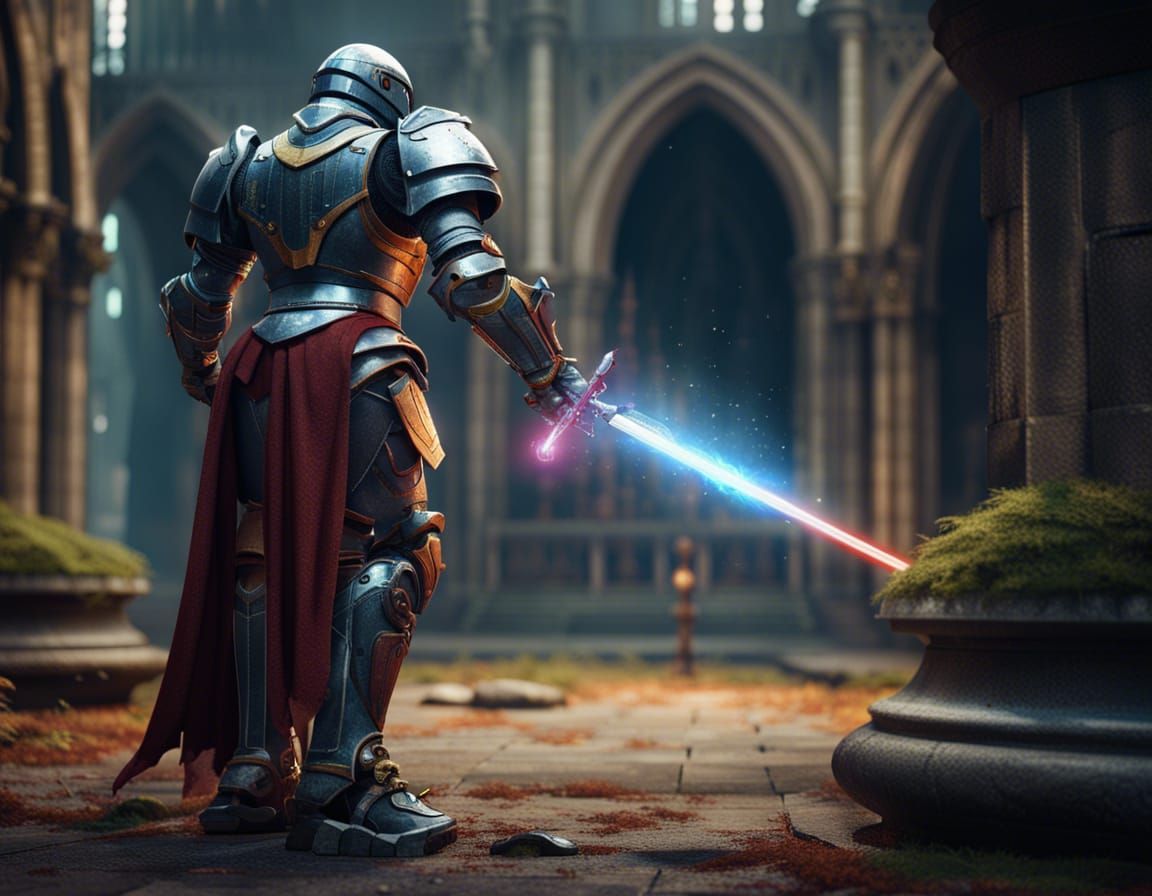 Robot Knight Pulls Laser Sword: Fantasy Concept Art