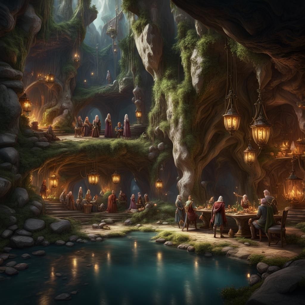 Elven Families Feast in Caves: Fantasy Concept Art