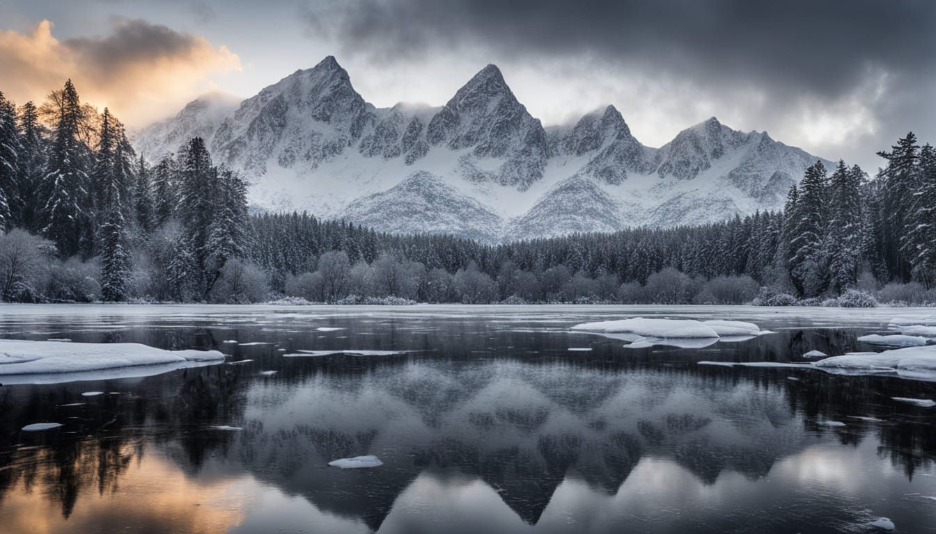 Snowy Mountains Towering Above Frozen Lake in Winter Wonderl...