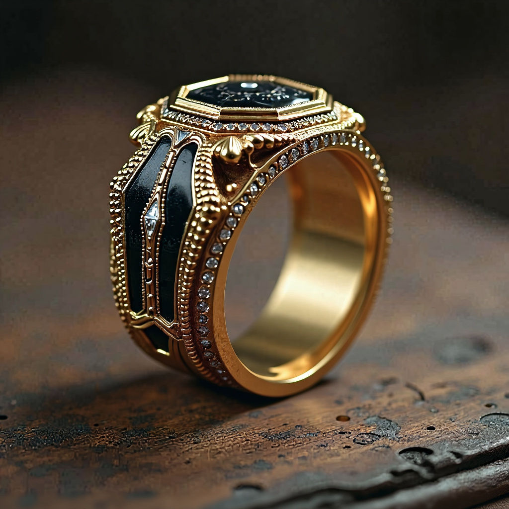 Ornate Gold Ring with Black Onyx and Diamonds