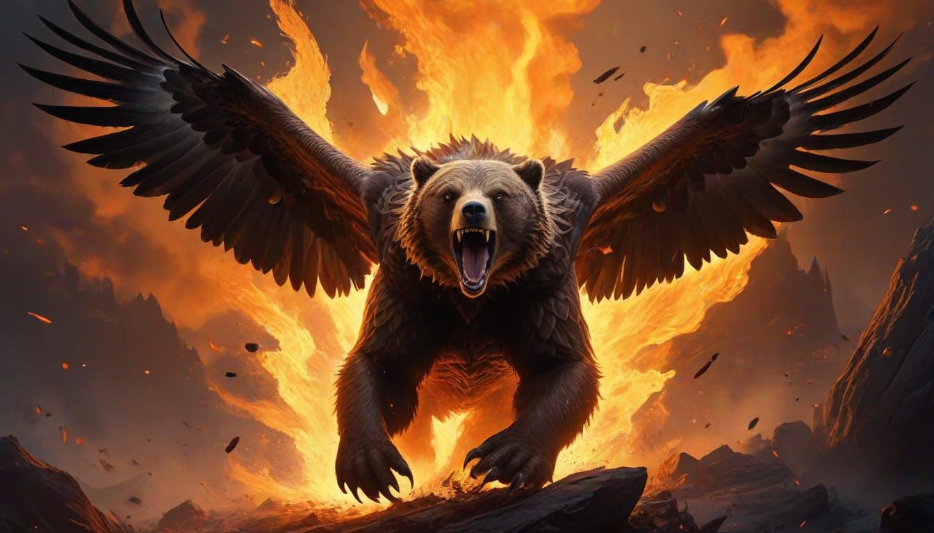 a bear eagle against a fiery background