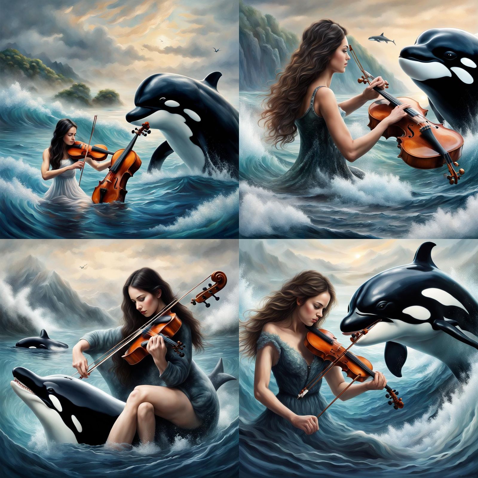 Killer Whale Serenade: Hyperrealistic Girl and Violin