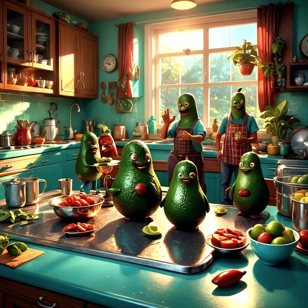 Singing Avocado Family on Retro Kitchen Counter