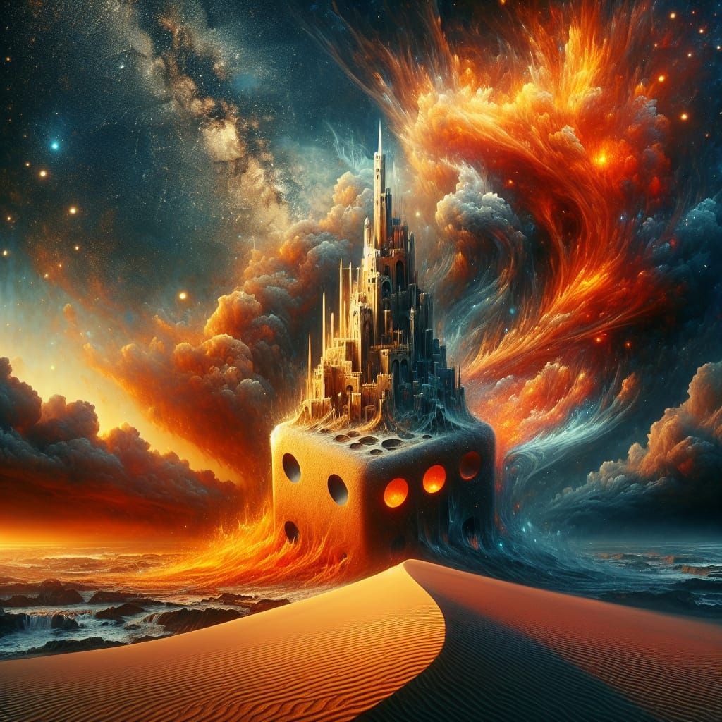Surreal Sandcastle on Dice with Flaming Stars