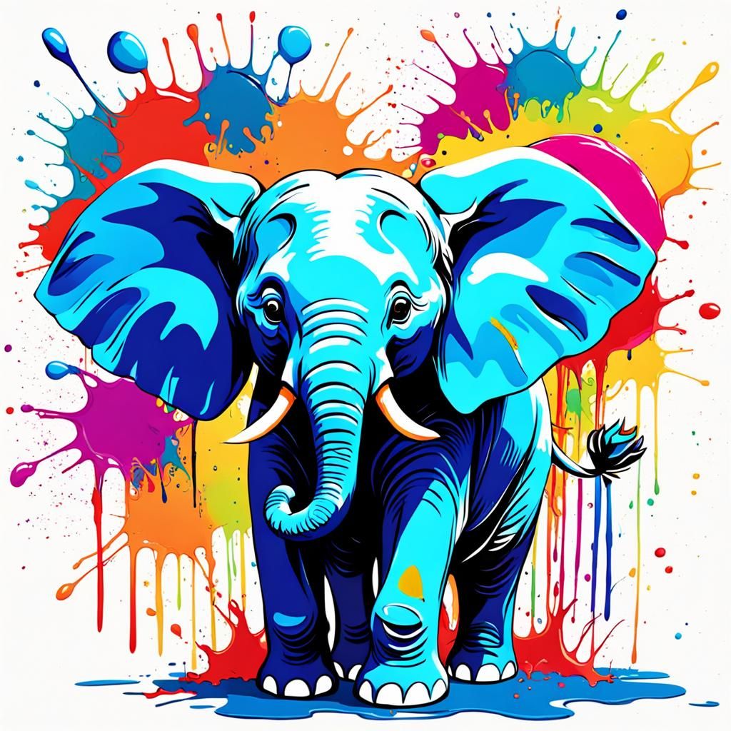 Vibrant Splash Paint Baby Elephant Abstract Art