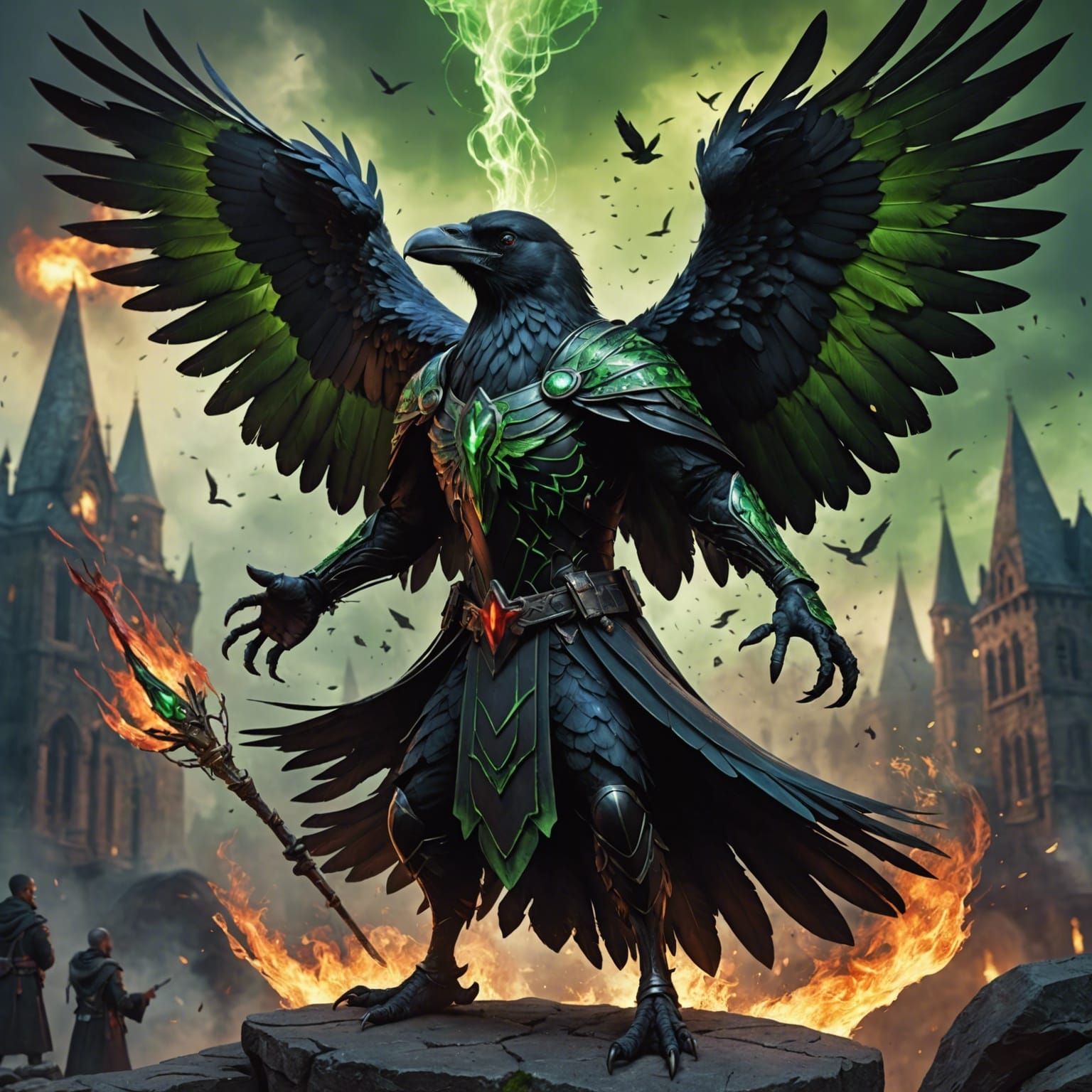 Anthropomorphic Raven Mage with Explosive Passion