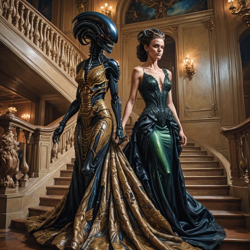 Xenomorph in Evening Gown Descending Staircase