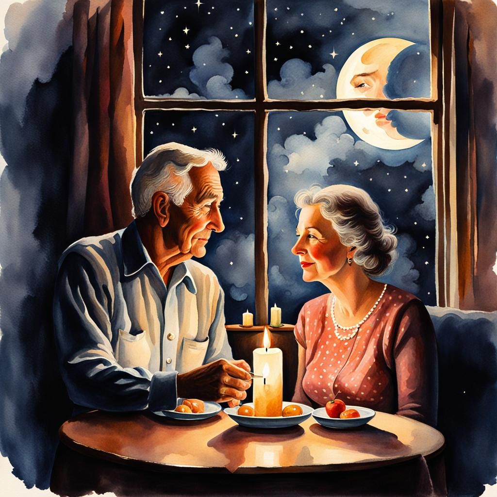 Romantic Watercolour of Elderly Couple's Candlelit Dinner