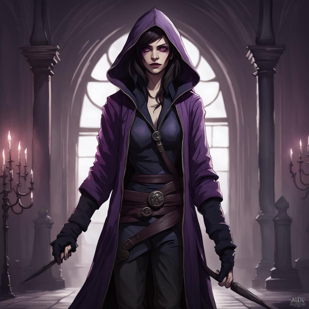 Dark-Haired Witch with Piercing Gaze in Dark Fantasy Style