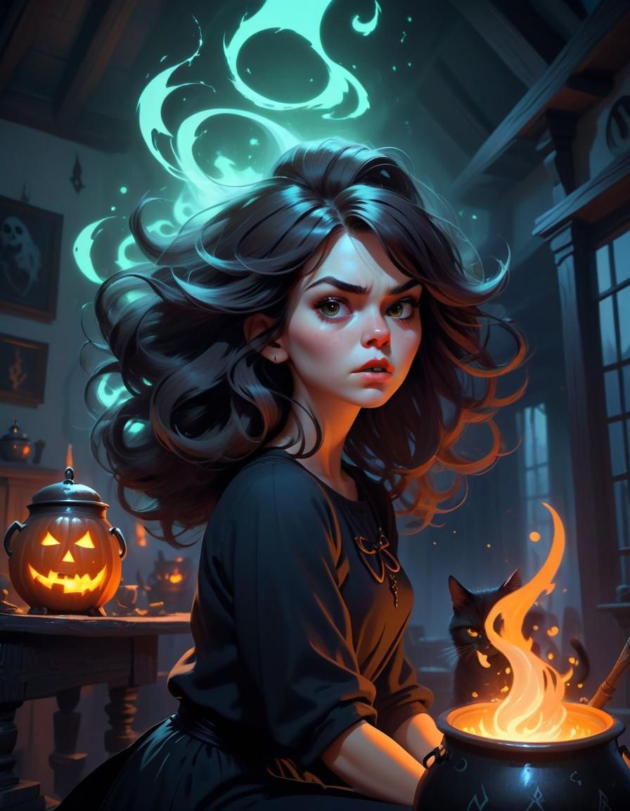 Angry Witch with Glowing Cauldron in Digital Art Style