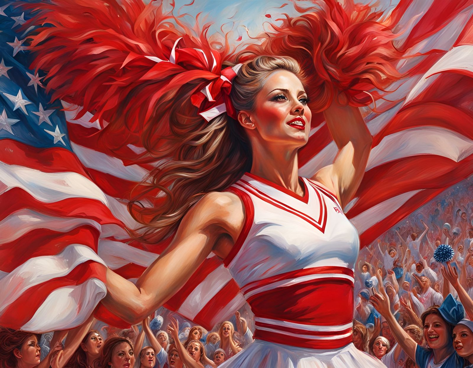Cheerleader in Red and White Uniform: Hyperrealistic Paintin...