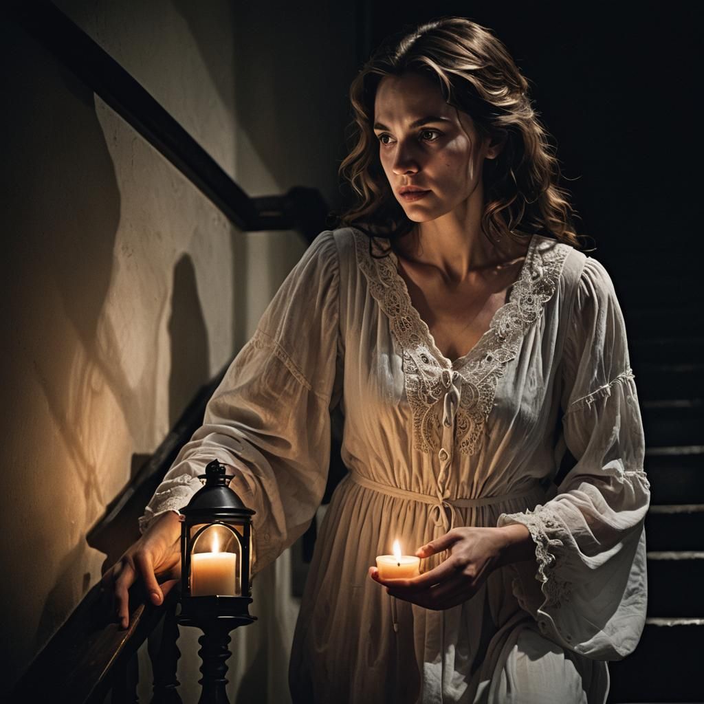 Woman with Candle in Moody, High-Contrast Lighting
