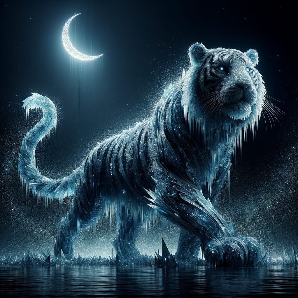 Majestic Ice Tiger Under Crescent Moon