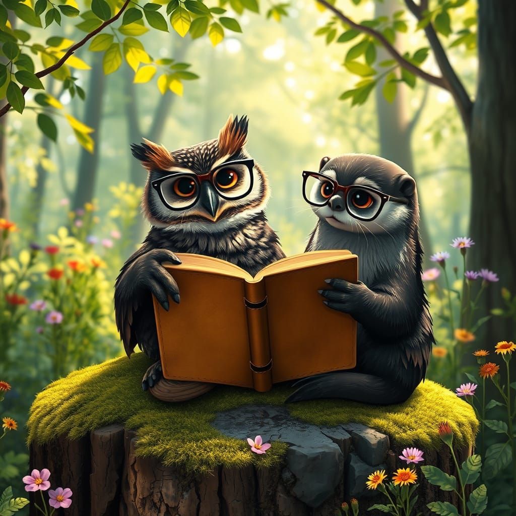 Friendly Forest Friends Read Together in Whimsical Style