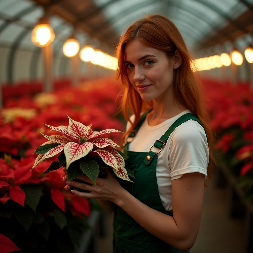 Whimsical Christmas Goddess Amidst Vibrant Poinsettias