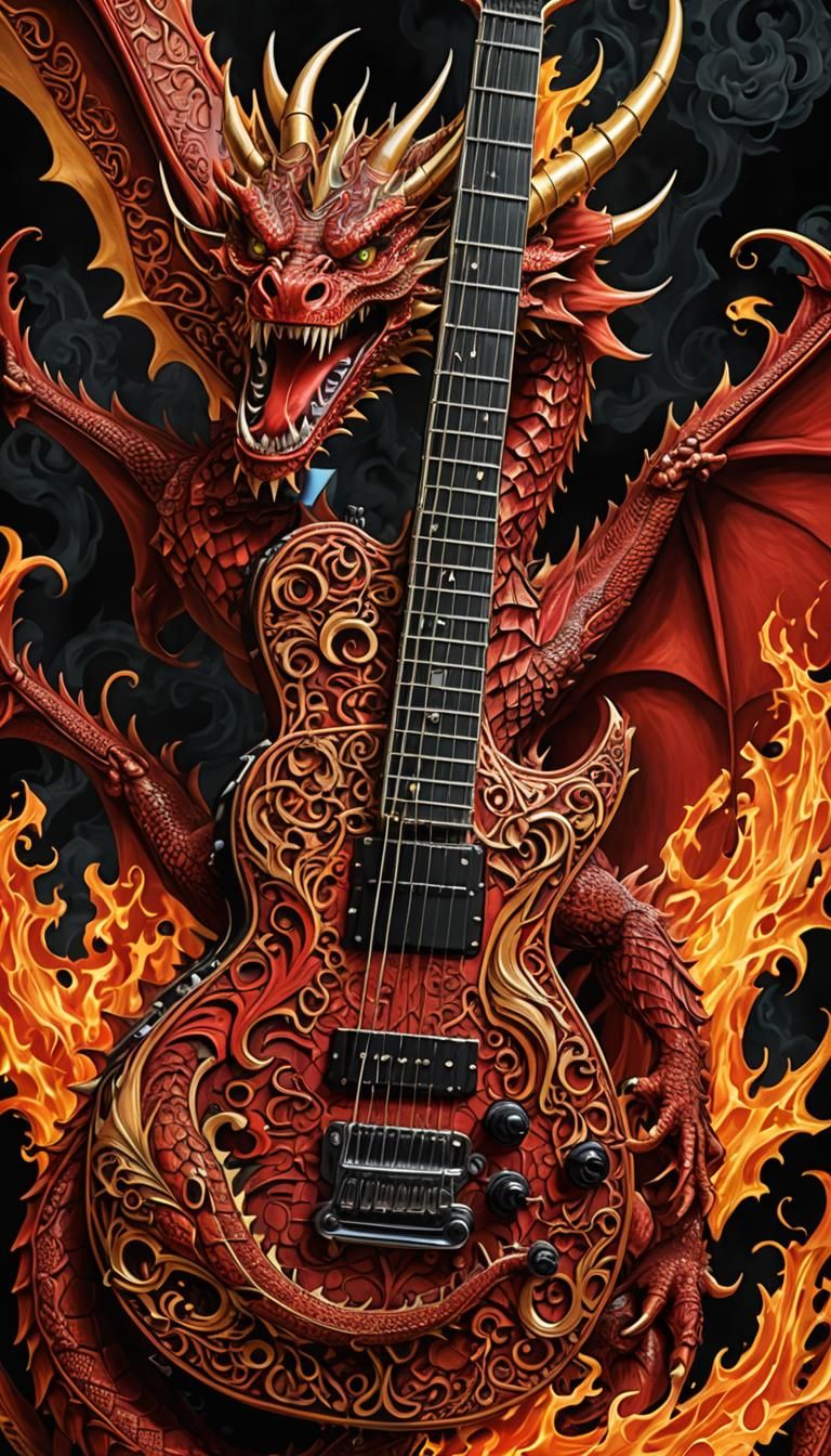 Crimson Dragon Guitar with Furious Flame Background